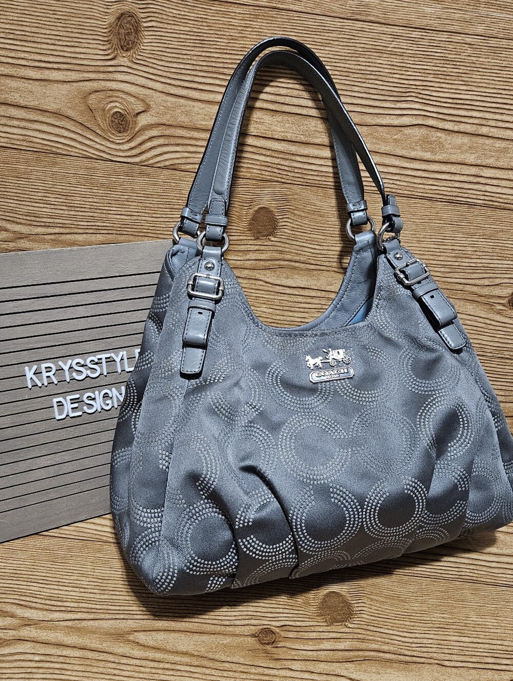 Coach Madison Gray Op Art Jacquard & Patent Leather Maggie Hobo Shoulder Bag